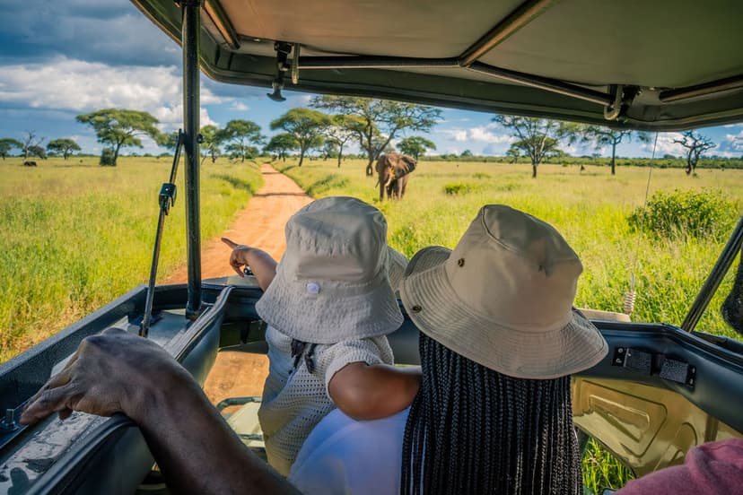 Safari guide and guest smiling by a vehicle